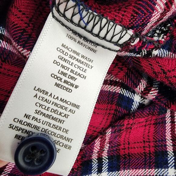 Beach Lunch Lounge Shirt Large Red Plaid Button Up Flannel Rayon Button Back - Picture 8 of 9